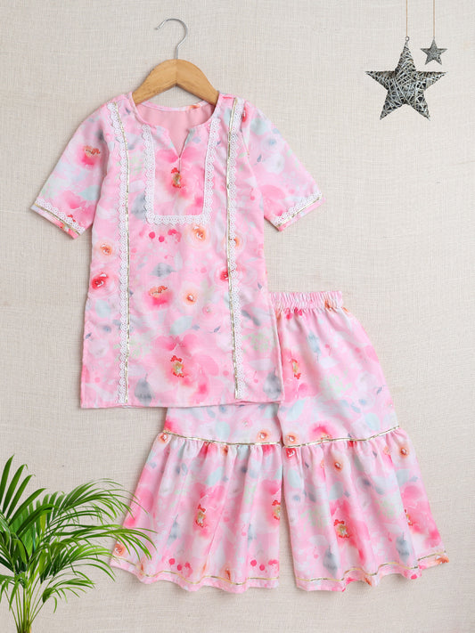 Short Sleeves All Over Print Kurta Sharar Set- Pink