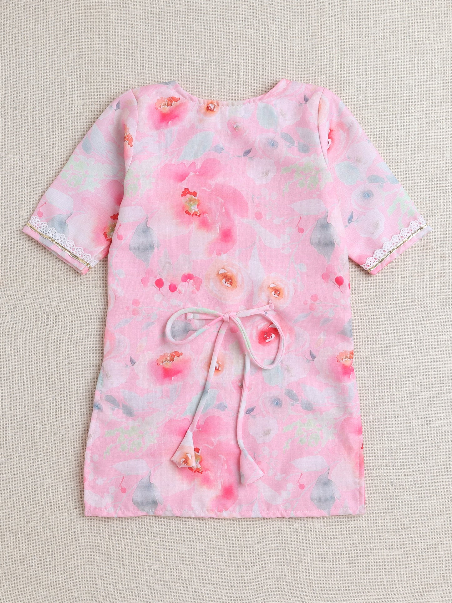 Short Sleeves All Over Print Kurta Sharar Set- Pink