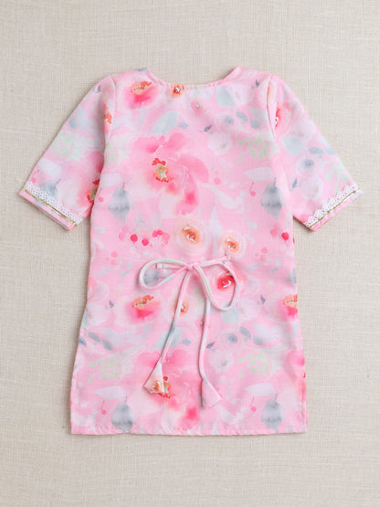 Short Sleeves All Over Print Kurta Sharar Set- Pink