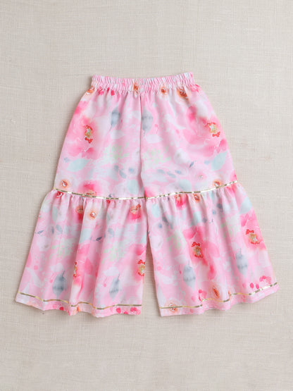 Short Sleeves All Over Print Kurta Sharar Set- Pink