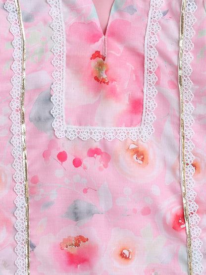 Short Sleeves All Over Print Kurta Sharar Set- Pink