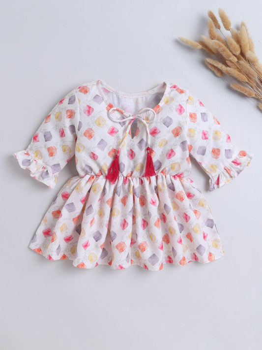 Cotton Three Fourth Sleeves Printed with Tassels Top -Off-White