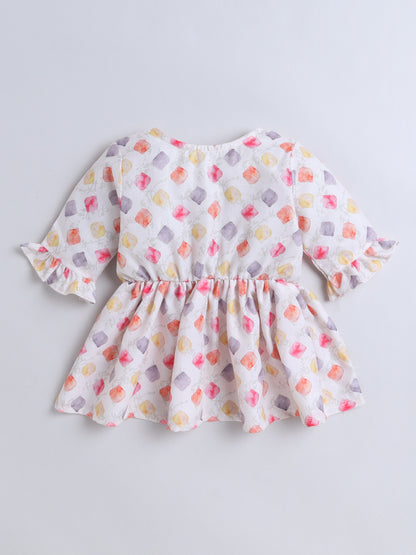 Cotton Three Fourth Sleeves Printed with Tassels Top -Off-White