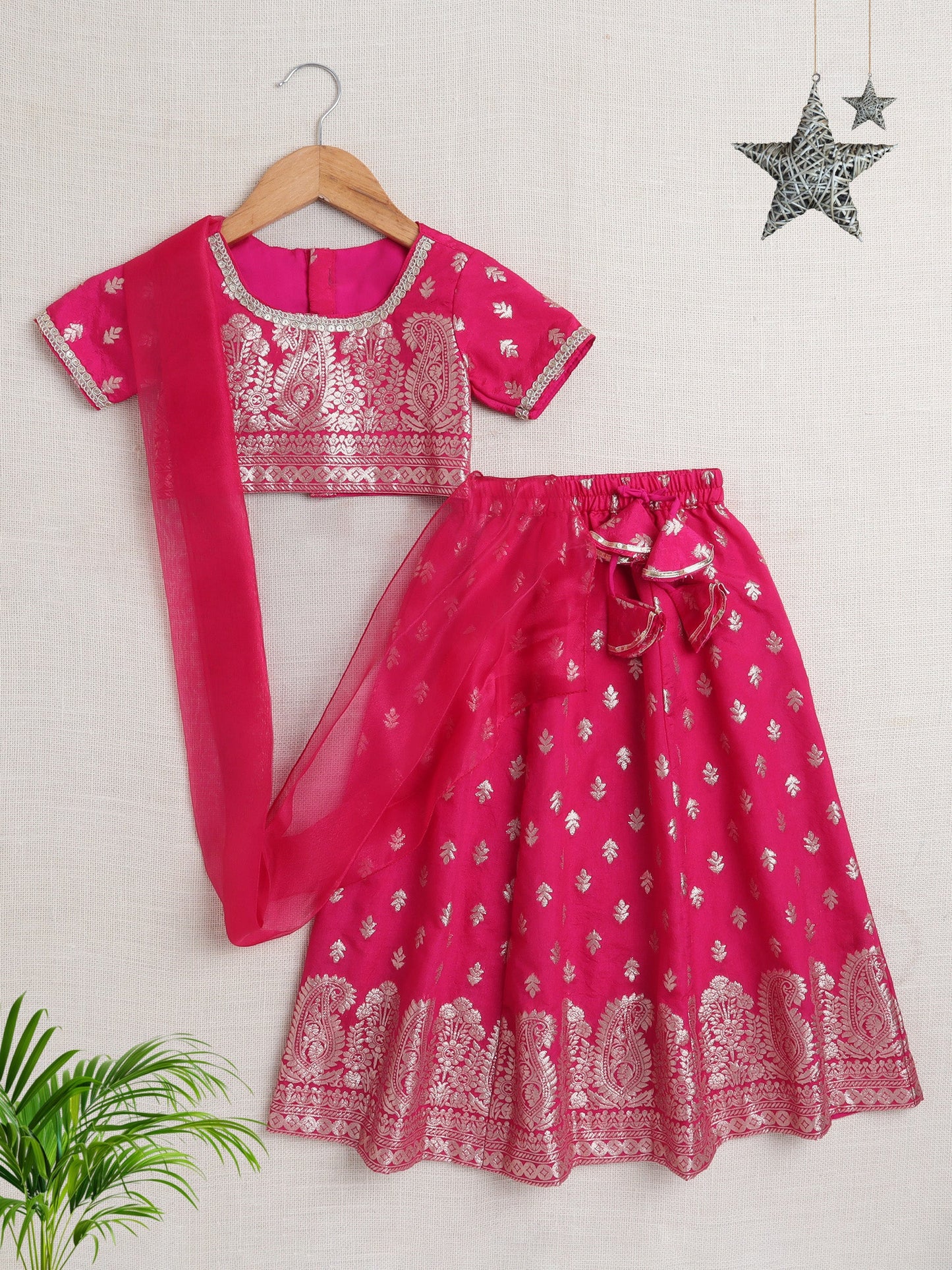 The Magic Wand Brocade Half Sleeves Lace Embellished & Floral Foil Printed Choli & Lehenga With Dupatta Set Fuchsia