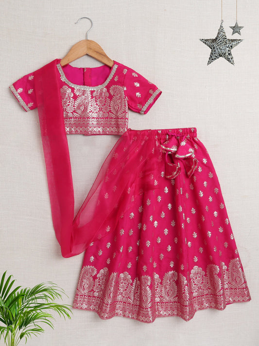 The Magic Wand Brocade Half Sleeves Lace Embellished & Floral Foil Printed Choli & Lehenga With Dupatta Set Fuchsia