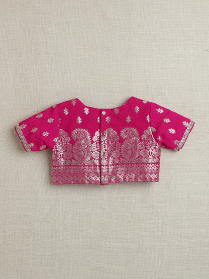 The Magic Wand Brocade Half Sleeves Lace Embellished & Floral Foil Printed Choli & Lehenga With Dupatta Set Fuchsia
