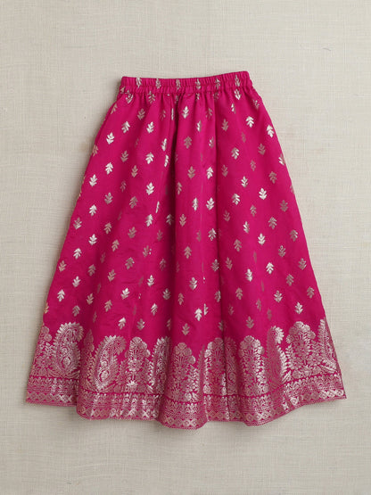 The Magic Wand Brocade Half Sleeves Lace Embellished & Floral Foil Printed Choli & Lehenga With Dupatta Set Fuchsia