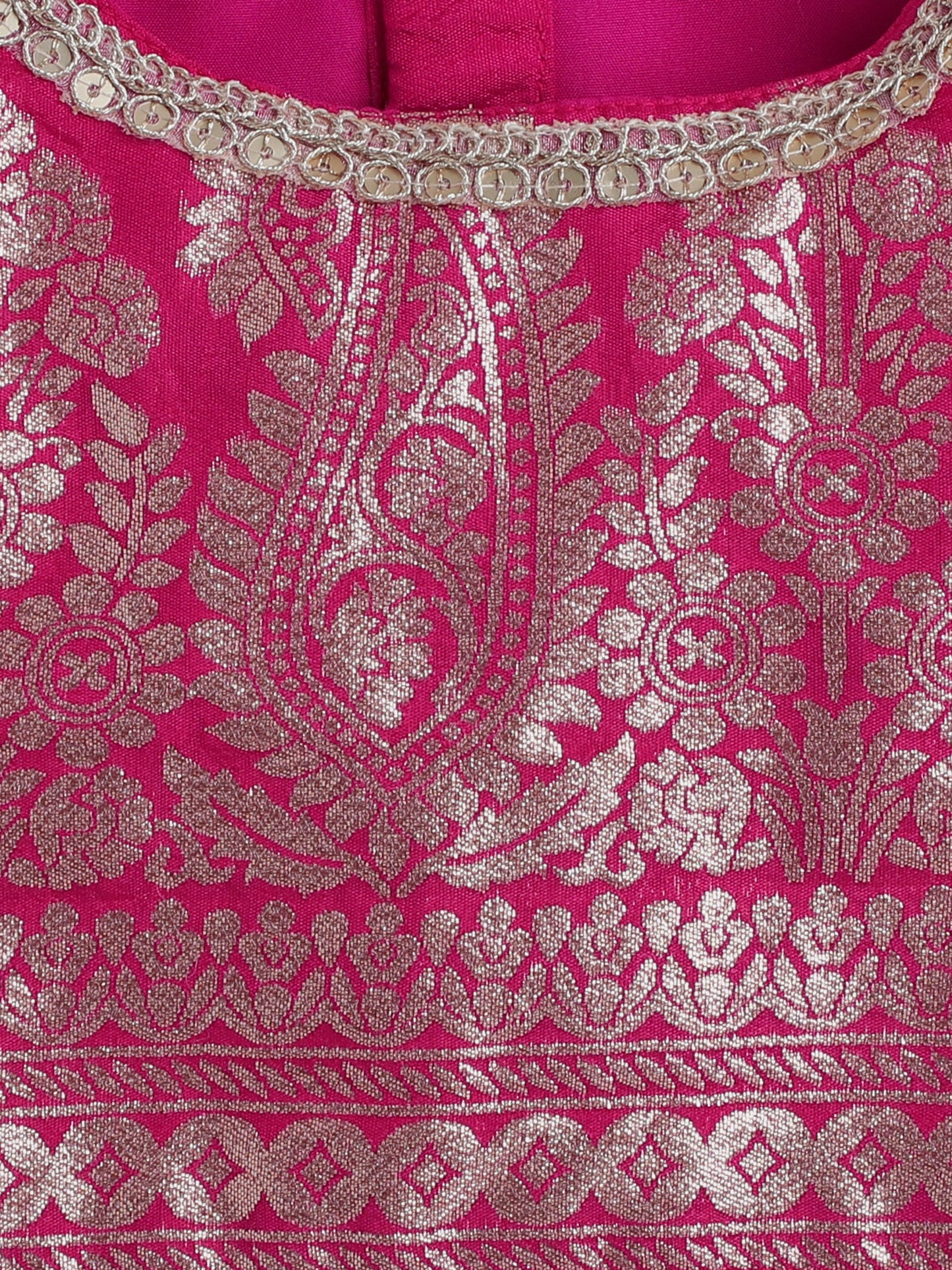The Magic Wand Brocade Half Sleeves Lace Embellished & Floral Foil Printed Choli & Lehenga With Dupatta Set Fuchsia