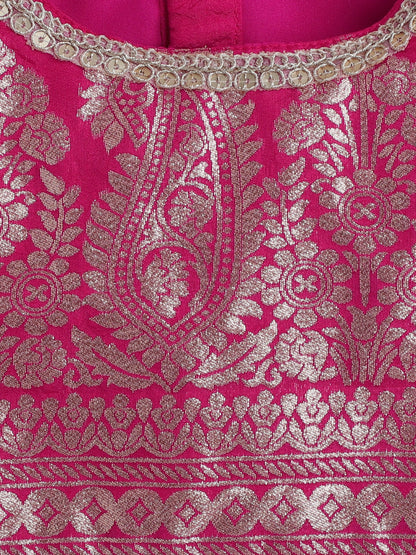 The Magic Wand Brocade Half Sleeves Lace Embellished & Floral Foil Printed Choli & Lehenga With Dupatta Set Fuchsia