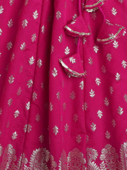 The Magic Wand Brocade Half Sleeves Lace Embellished & Floral Foil Printed Choli & Lehenga With Dupatta Set Fuchsia