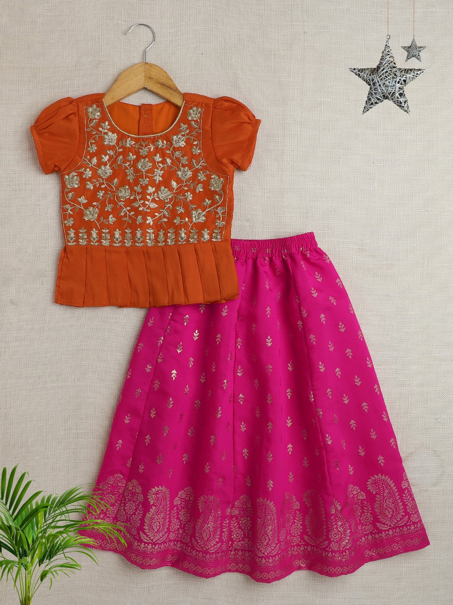 The Magic Wand  Half Sleeves Embrodered Choli With Foil Printed Lehenga Set Fuchsia, Orange