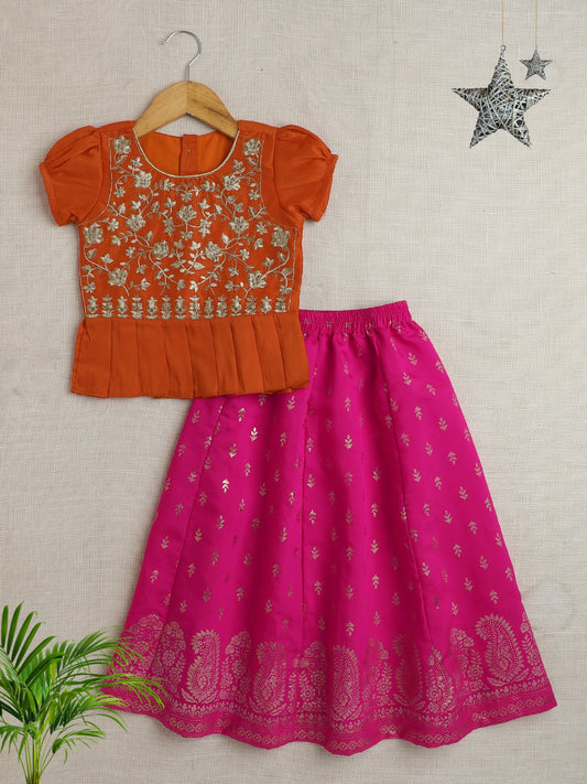 The Magic Wand  Half Sleeves Embrodered Choli With Foil Printed Lehenga Set Fuchsia, Orange