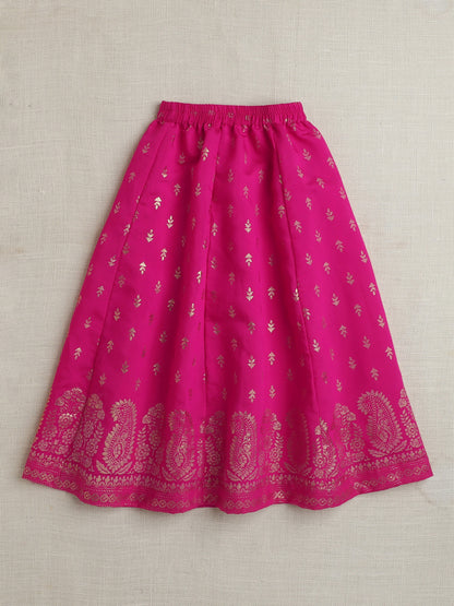 The Magic Wand  Half Sleeves Embrodered Choli With Foil Printed Lehenga Set Fuchsia, Orange