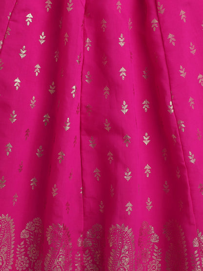 The Magic Wand  Half Sleeves Embrodered Choli With Foil Printed Lehenga Set Fuchsia, Orange
