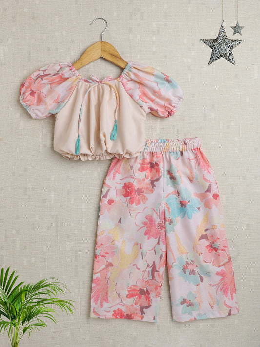 The Magic Wand Half Sleeves Floral Printed Coordinating Set Peach