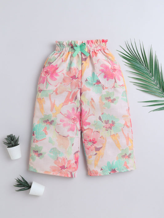 The Magic Wand Floral Printed Full Length Palazzo With Lace Bow Peach