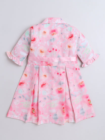 Three Fourth Peasant Sleeves Floral Printed Shirt Dress With Attached Belt - Pink
