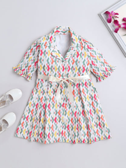 Three Fourth Sleeves Abstract Printed Shirt Dress With Attached Belt - Off White
