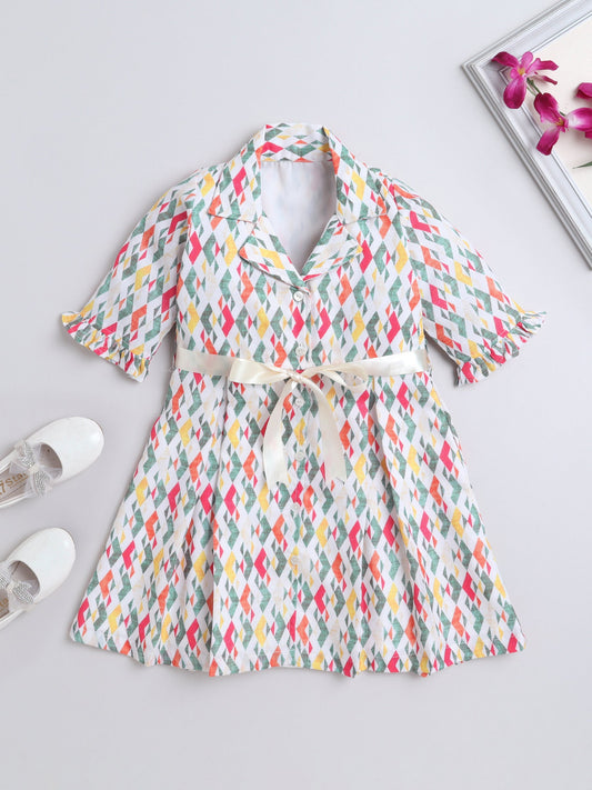 Three Fourth Sleeves Abstract Printed Shirt Dress With Attached Belt - Off White