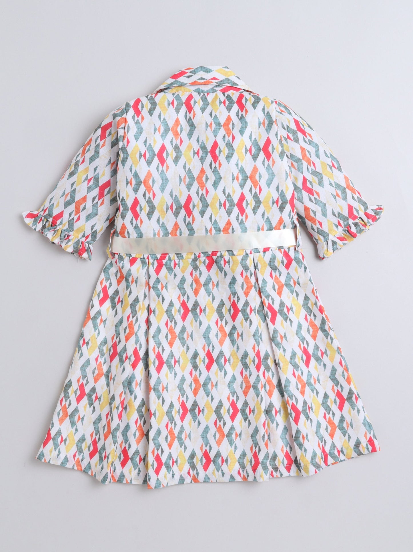 Three Fourth Sleeves Abstract Printed Shirt Dress With Attached Belt - Off White