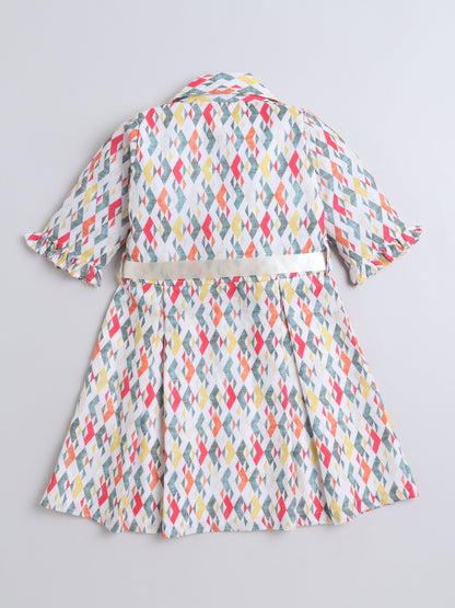 Three Fourth Sleeves Abstract Printed Shirt Dress With Attached Belt - Off White