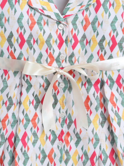 Three Fourth Sleeves Abstract Printed Shirt Dress With Attached Belt - Off White