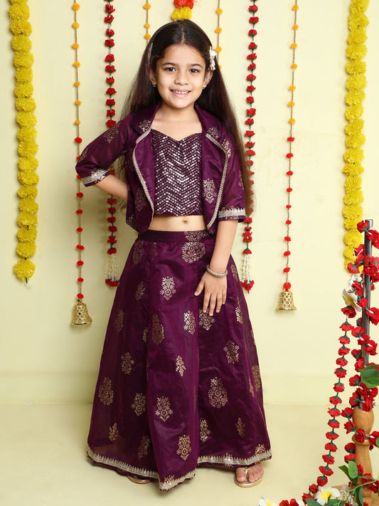 The Magic Wand Half Sleeve Lace Embellished & Motif Printed Lehenga Choli with Jacket- Wine