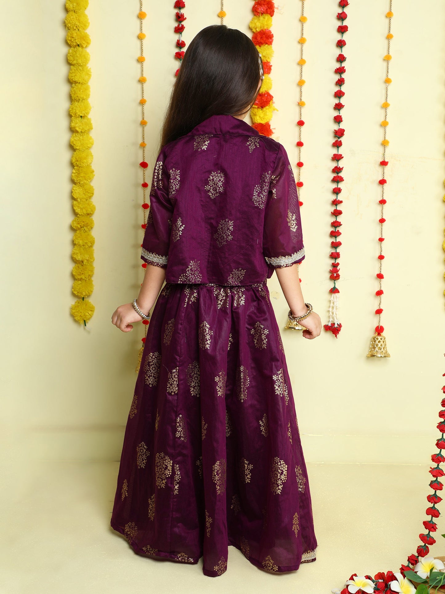 The Magic Wand Half Sleeve Lace Embellished & Motif Printed Lehenga Choli with Jacket- Wine