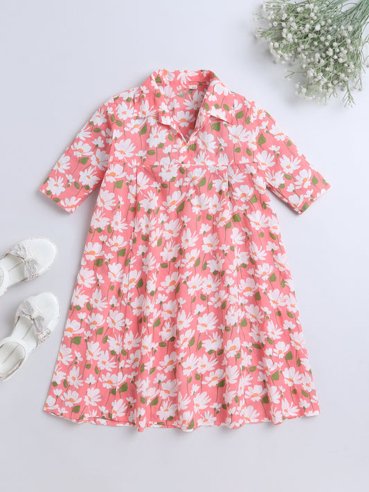 Floral Printed Elbow Sleeves Collar Neck Dress For Girls-Peach