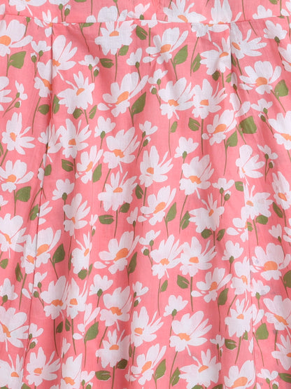 Floral Printed Elbow Sleeves Collar Neck Dress For Girls-Peach