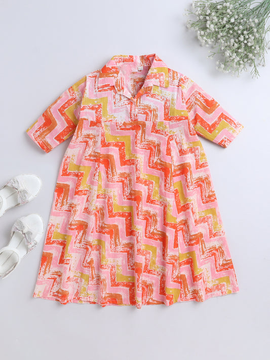 Floral Printed Elbow Sleeves Collar Neck Dress For Girls-Pink