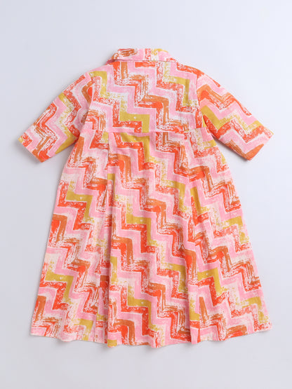 Floral Printed Elbow Sleeves Collar Neck Dress For Girls-Pink