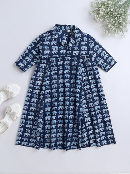 Floral Printed Elbow Sleeves Collar Neck Dress For Girls-Navy Blue