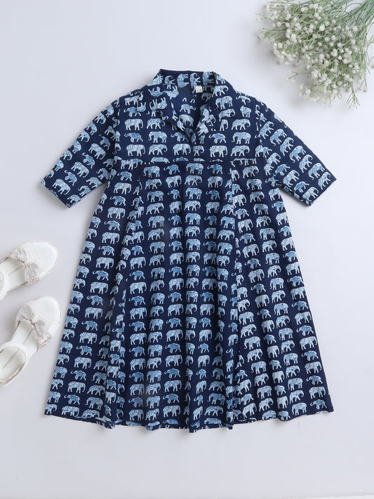 Floral Printed Elbow Sleeves Collar Neck Dress For Girls-Navy Blue