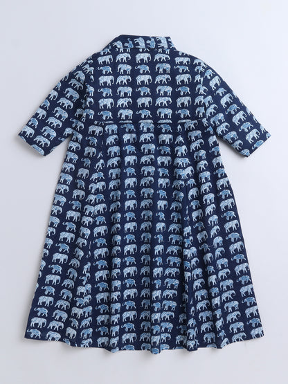 Floral Printed Elbow Sleeves Collar Neck Dress For Girls-Navy Blue