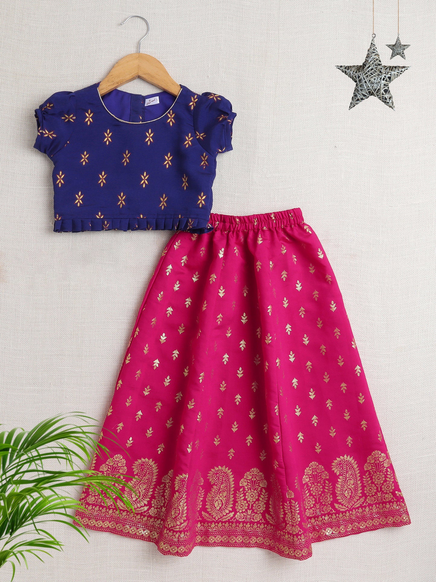 Puff Sleeves Foil Printed Choli & Lace Embellished Lehenga Set-Navy Blue, Fuchsia