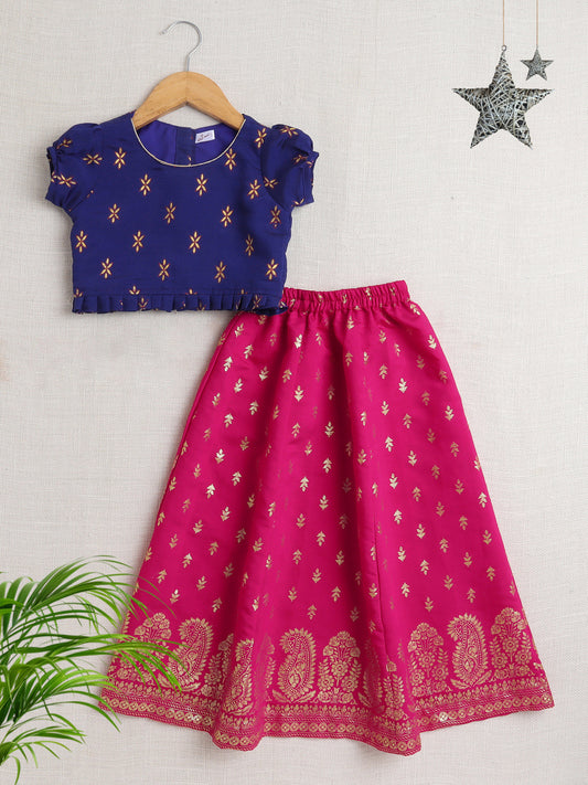 Puff Sleeves Foil Printed Choli & Lace Embellished Lehenga Set-Navy Blue, Fuchsia