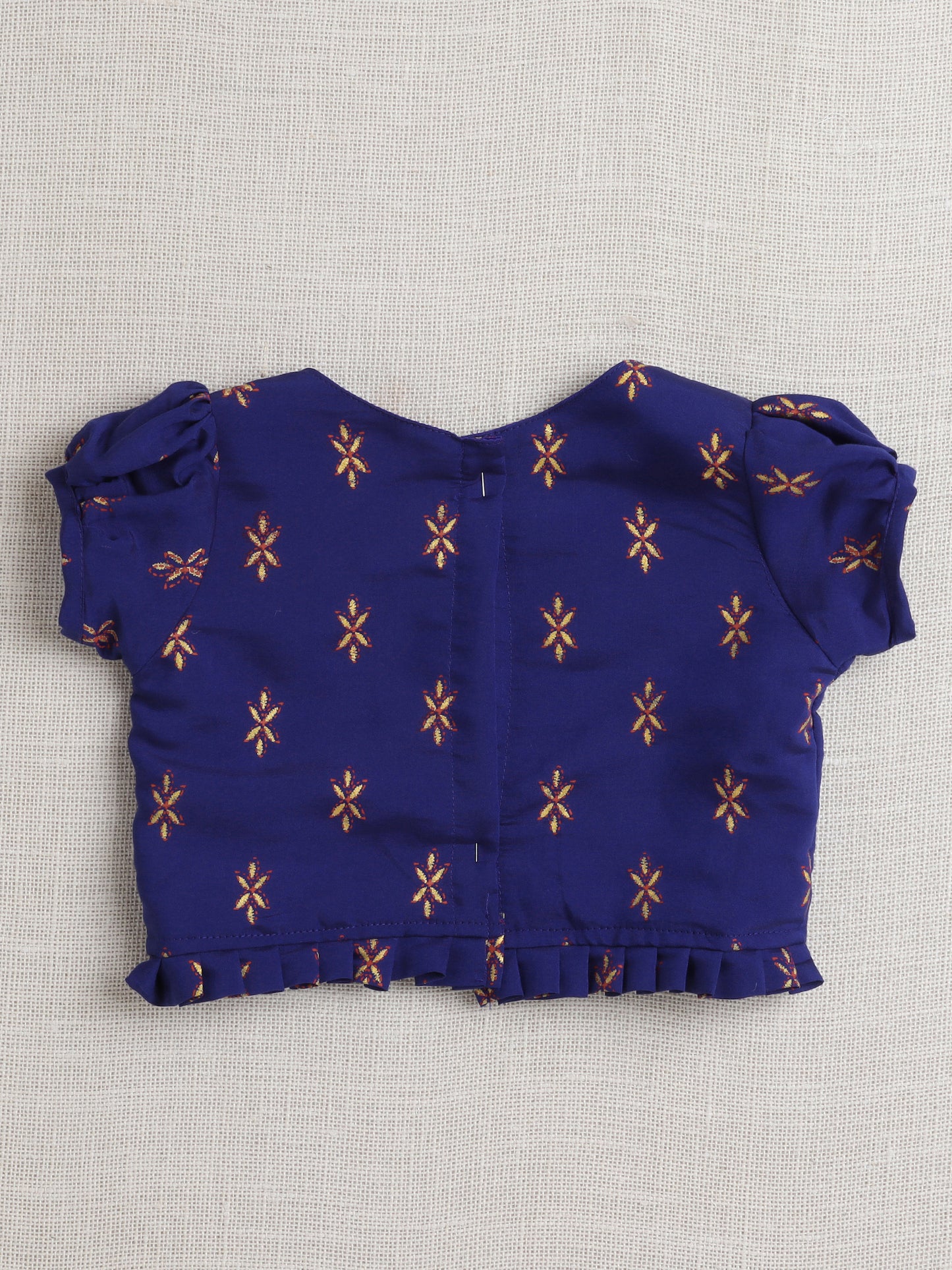 Puff Sleeves Foil Printed Choli & Lace Embellished Lehenga Set-Navy Blue, Fuchsia