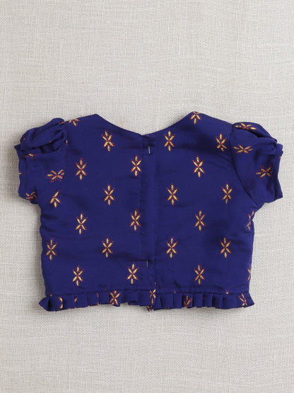 Puff Sleeves Foil Printed Choli & Lace Embellished Lehenga Set-Navy Blue, Fuchsia