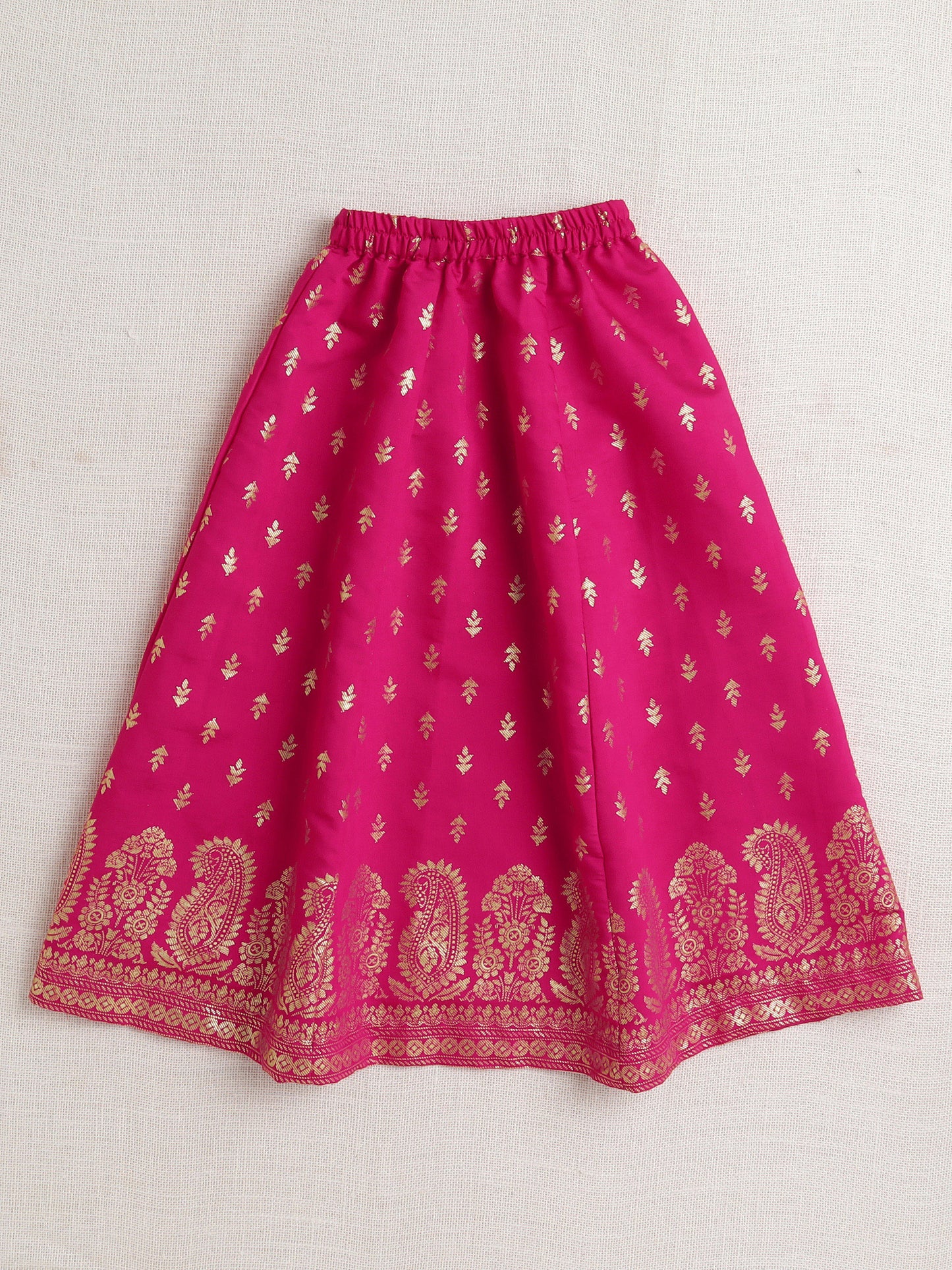 Puff Sleeves Foil Printed Choli & Lace Embellished Lehenga Set-Navy Blue, Fuchsia