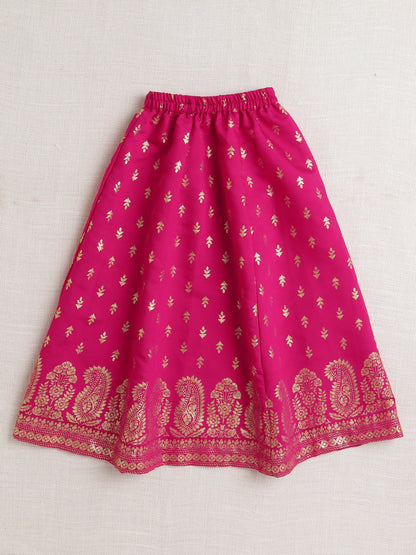 Puff Sleeves Foil Printed Choli & Lace Embellished Lehenga Set-Navy Blue, Fuchsia