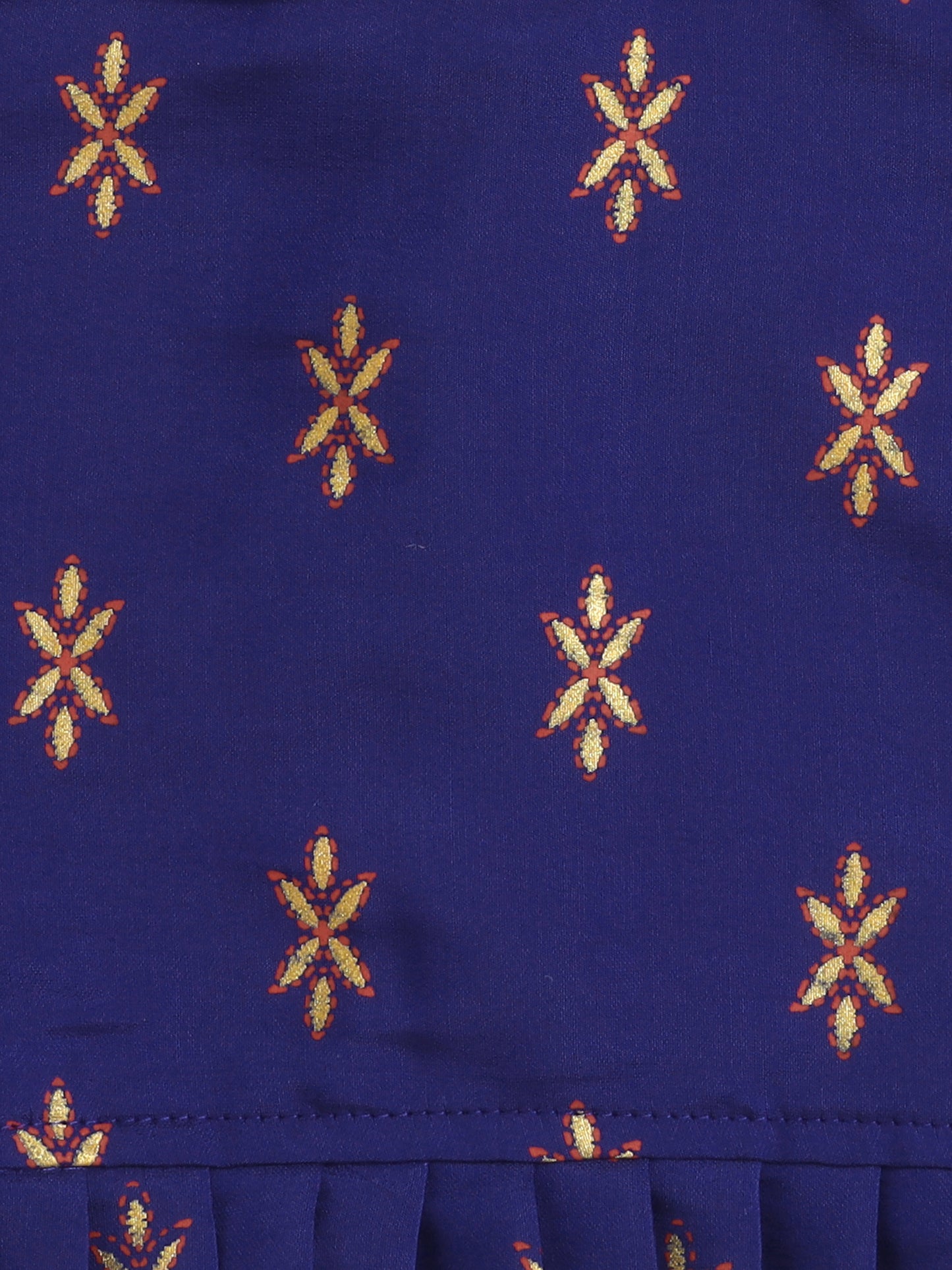 Puff Sleeves Foil Printed Choli & Lace Embellished Lehenga Set-Navy Blue, Fuchsia