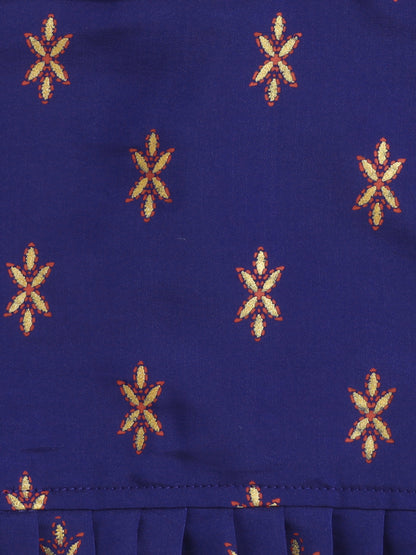 Puff Sleeves Foil Printed Choli & Lace Embellished Lehenga Set-Navy Blue, Fuchsia