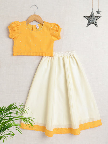 Puff Sleeves Foil Printed Choli & Lace Embellished Lehenga Set-Yellow