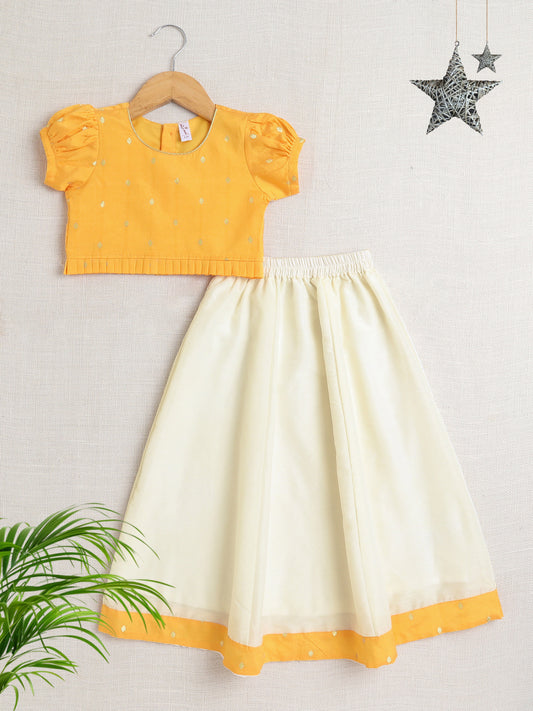 Puff Sleeves Foil Printed Choli & Lace Embellished Lehenga Set-Yellow