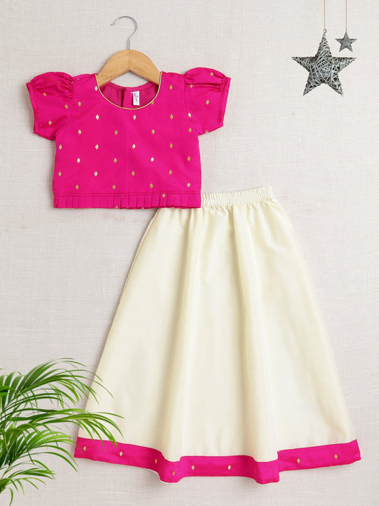 Half Sleeves Foli Printed Choli Lehenga Set-Fuchsia