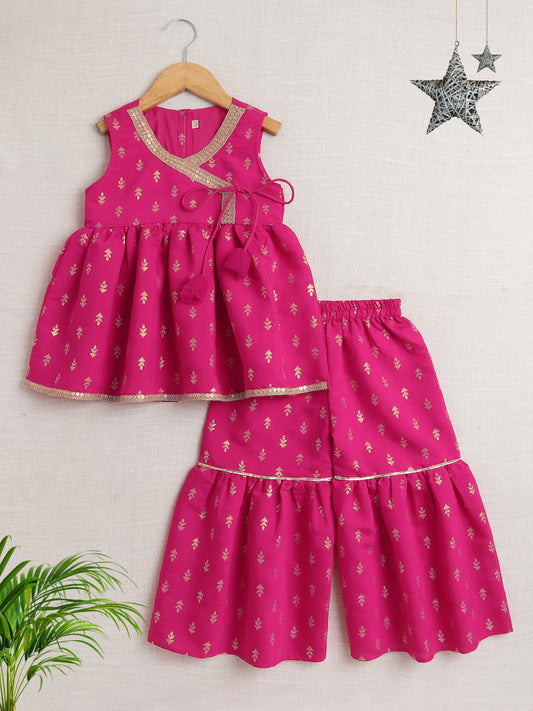 Bootie Printed Lace Embellished Sleeveless Kurti and Sharara Set For Girls-Fuchsia