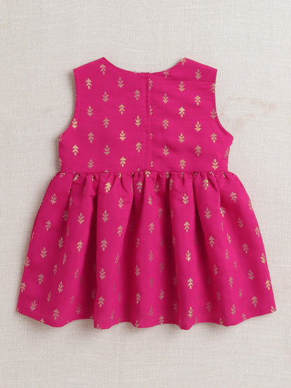 Bootie Printed Lace Embellished Sleeveless Kurti and Sharara Set For Girls-Fuchsia