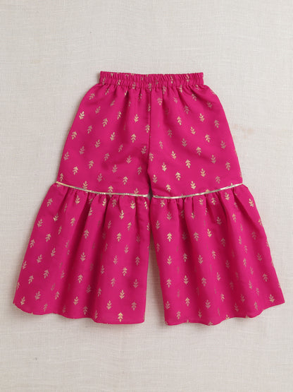 Bootie Printed Lace Embellished Sleeveless Kurti and Sharara Set For Girls-Fuchsia