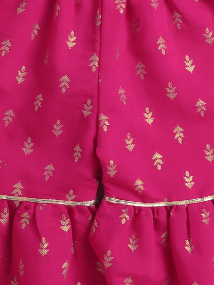 Bootie Printed Lace Embellished Sleeveless Kurti and Sharara Set For Girls-Fuchsia